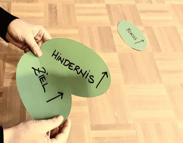 Eine Person hält zwei Kärtchen in der Hand. Auf dem oberen steht "Hindernis" mit einem Pfeil nach oben. Auf dem zweiten steht "Ziel" mit einem Pfeil nach oben.